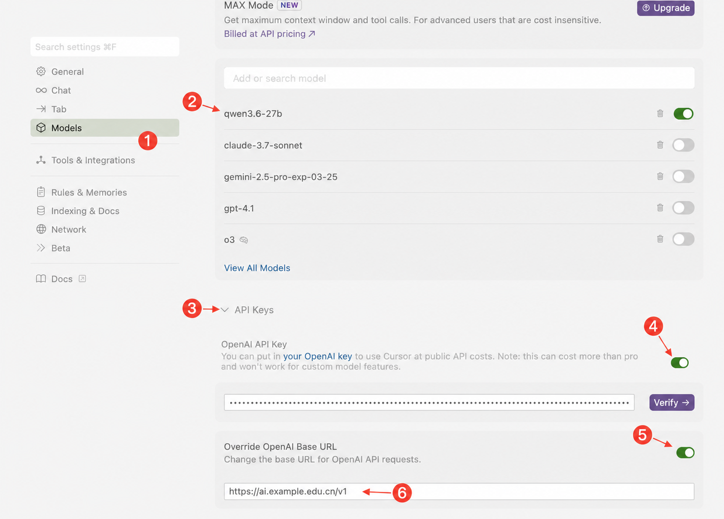 Cursor Models 和 API Keys 设置，标出自定义模型、API Key 和 Base URL