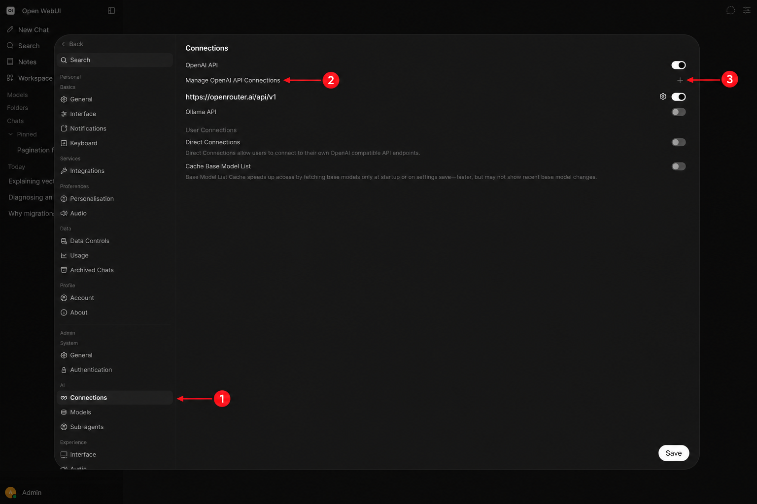 Open WebUI 管理员 Connections 页面，箭头指向连接入口和添加按钮